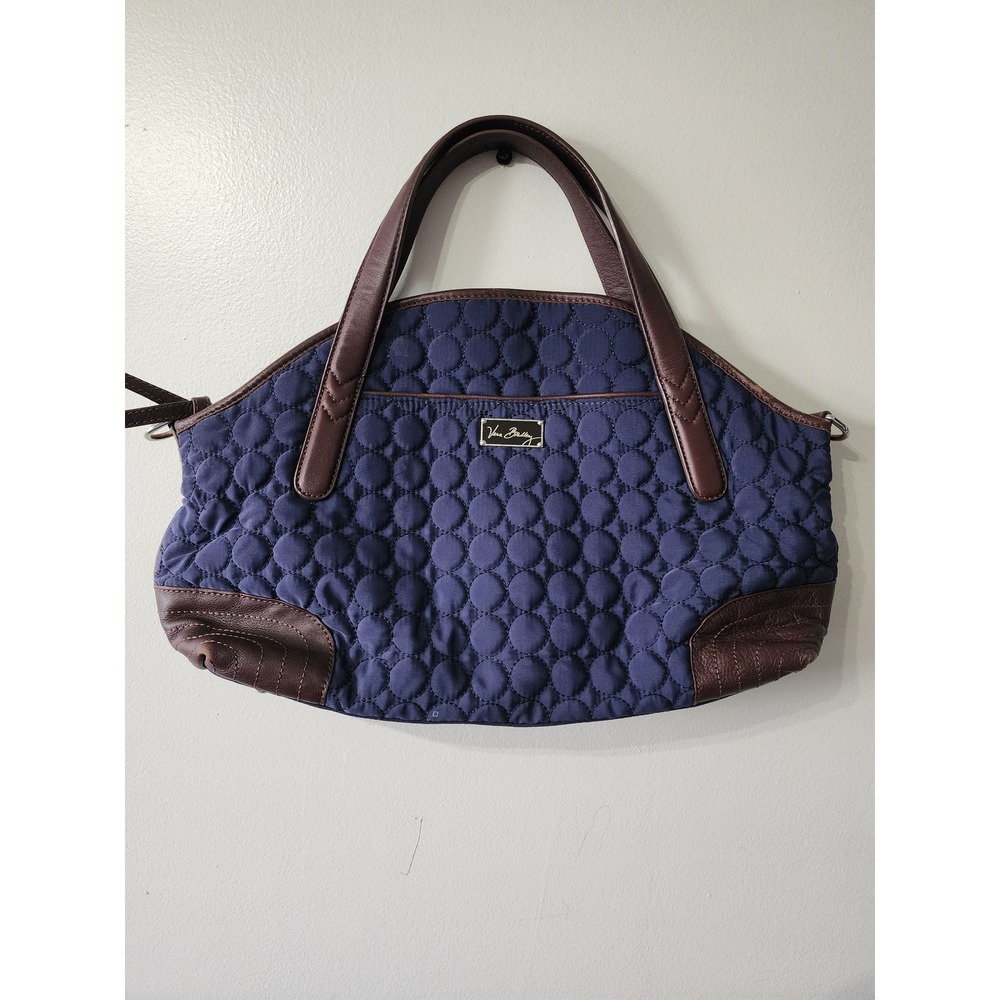 Vera Bradley Navy Blue Quilted Microfiber Satchel Bag Brown Leather Trim Plaid